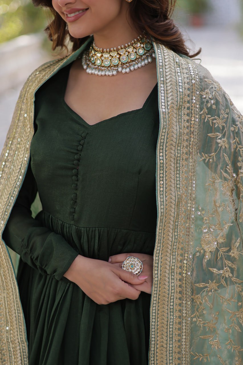 Green Luxury Shimmer Vichitra Gown with Embroidered Dupatta – Elegance Redefined