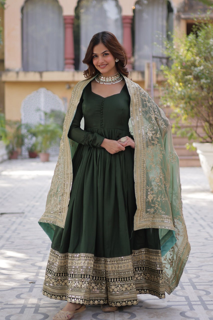 Green Luxury Shimmer Vichitra Gown with Embroidered Dupatta – Elegance Redefined