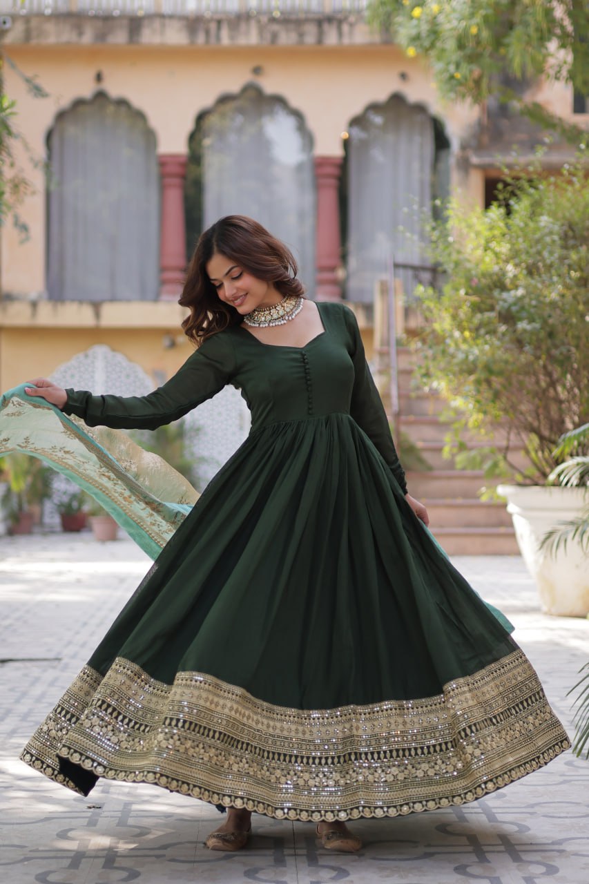 Green Luxury Shimmer Vichitra Gown with Embroidered Dupatta – Elegance Redefined