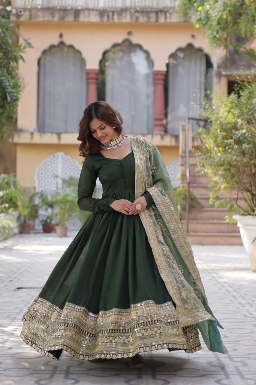 Green Luxury Shimmer Vichitra Gown with Embroidered Dupatta – Elegance Redefined