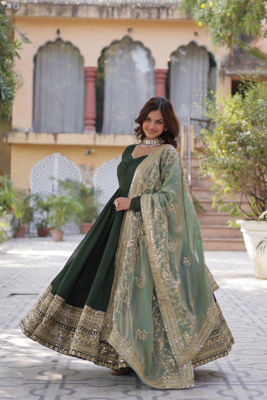 Green Luxury Shimmer Vichitra Gown with Embroidered Dupatta – Elegance Redefined