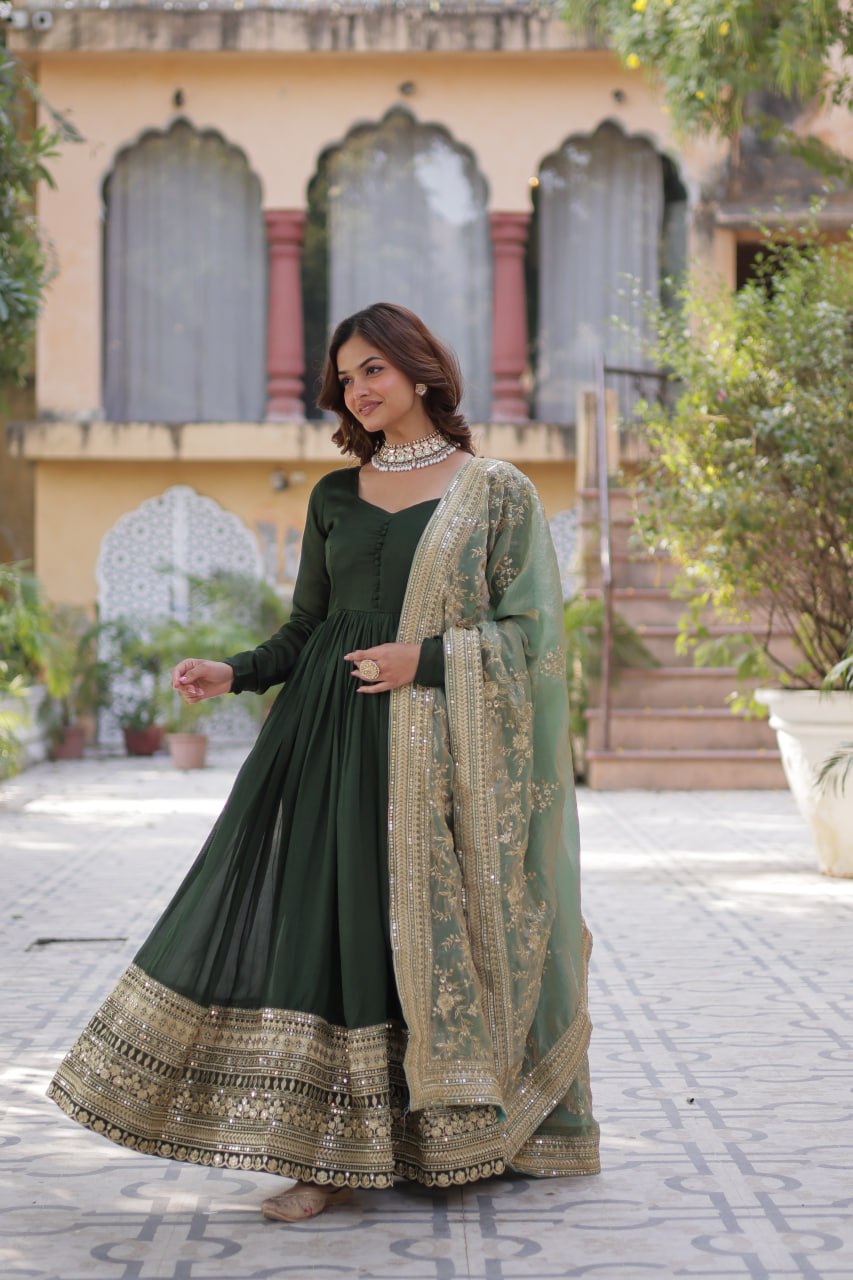 Green Luxury Shimmer Vichitra Gown with Embroidered Dupatta – Elegance Redefined