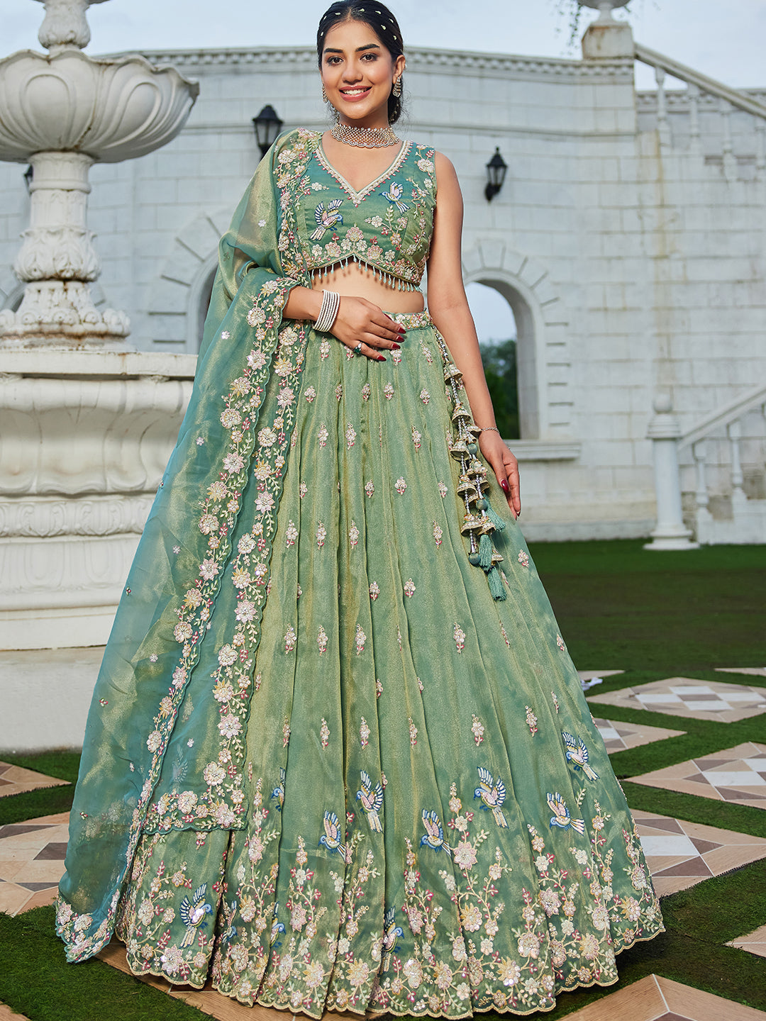 Green Luxury Tissue Fabric Sequin & Embroidery Work Lehenga Choli with Dupatta – 4.5 Meter Grand Flair, Fully Stitched