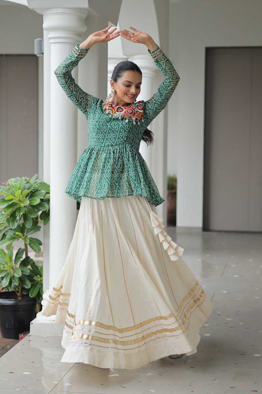 Green Navratri Special Cotton Lehenga Choli Set with Gota Patti Lace & Bandhani Gamthi Work – Full Stitched
