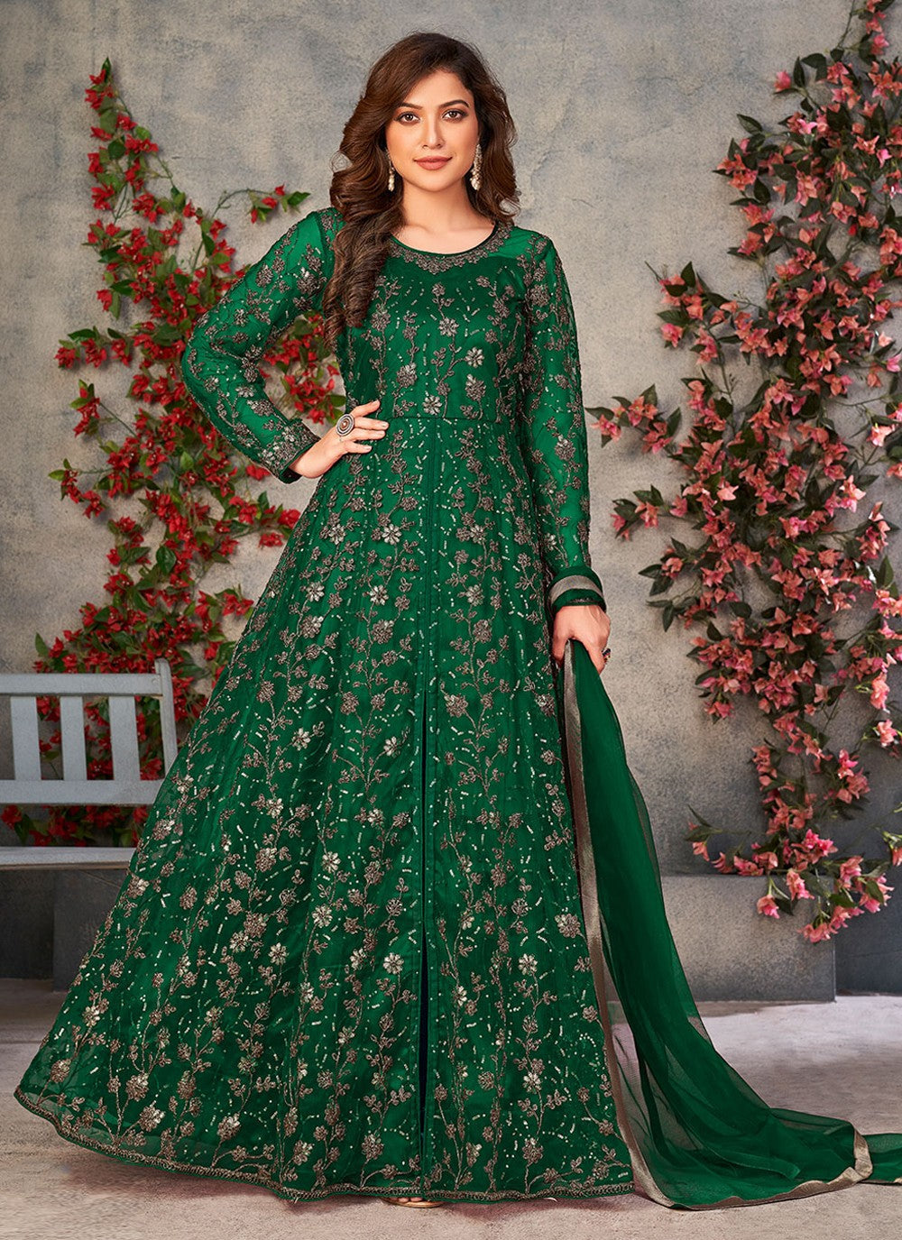 Green net embroidered anarkali salwar suit