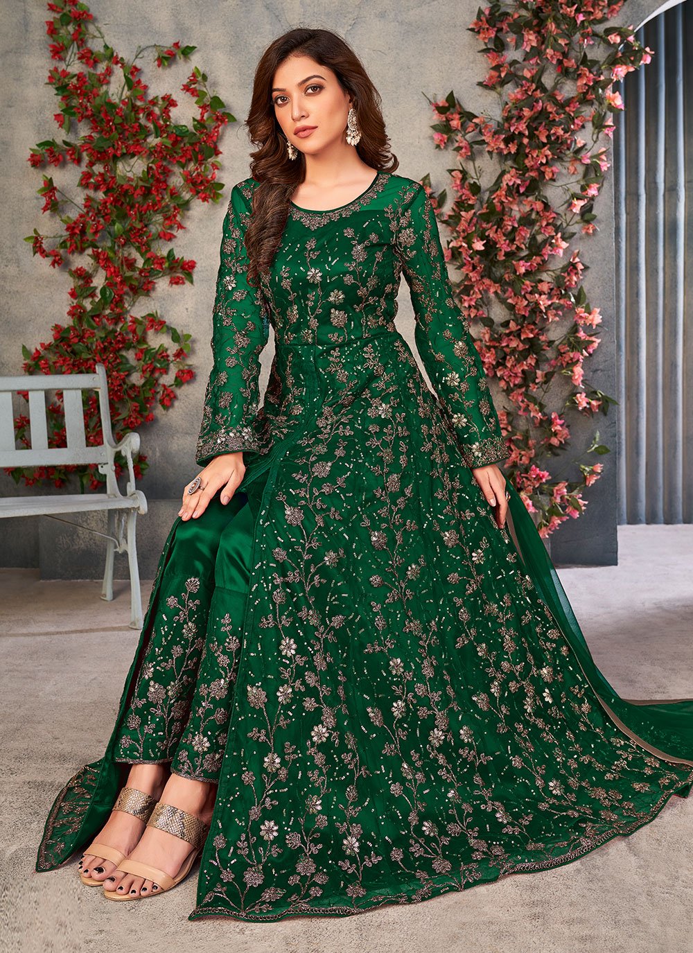 Green net embroidered anarkali salwar suit