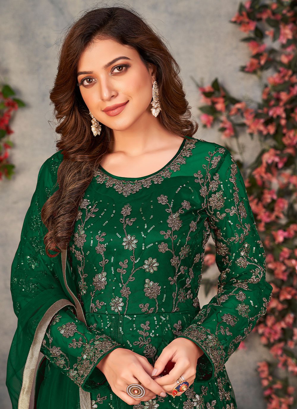 Green net embroidered anarkali salwar suit
