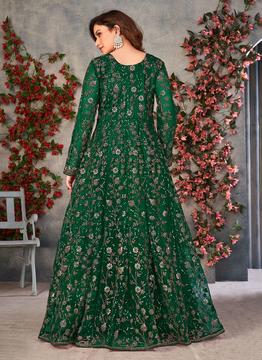 Green net embroidered anarkali salwar suit