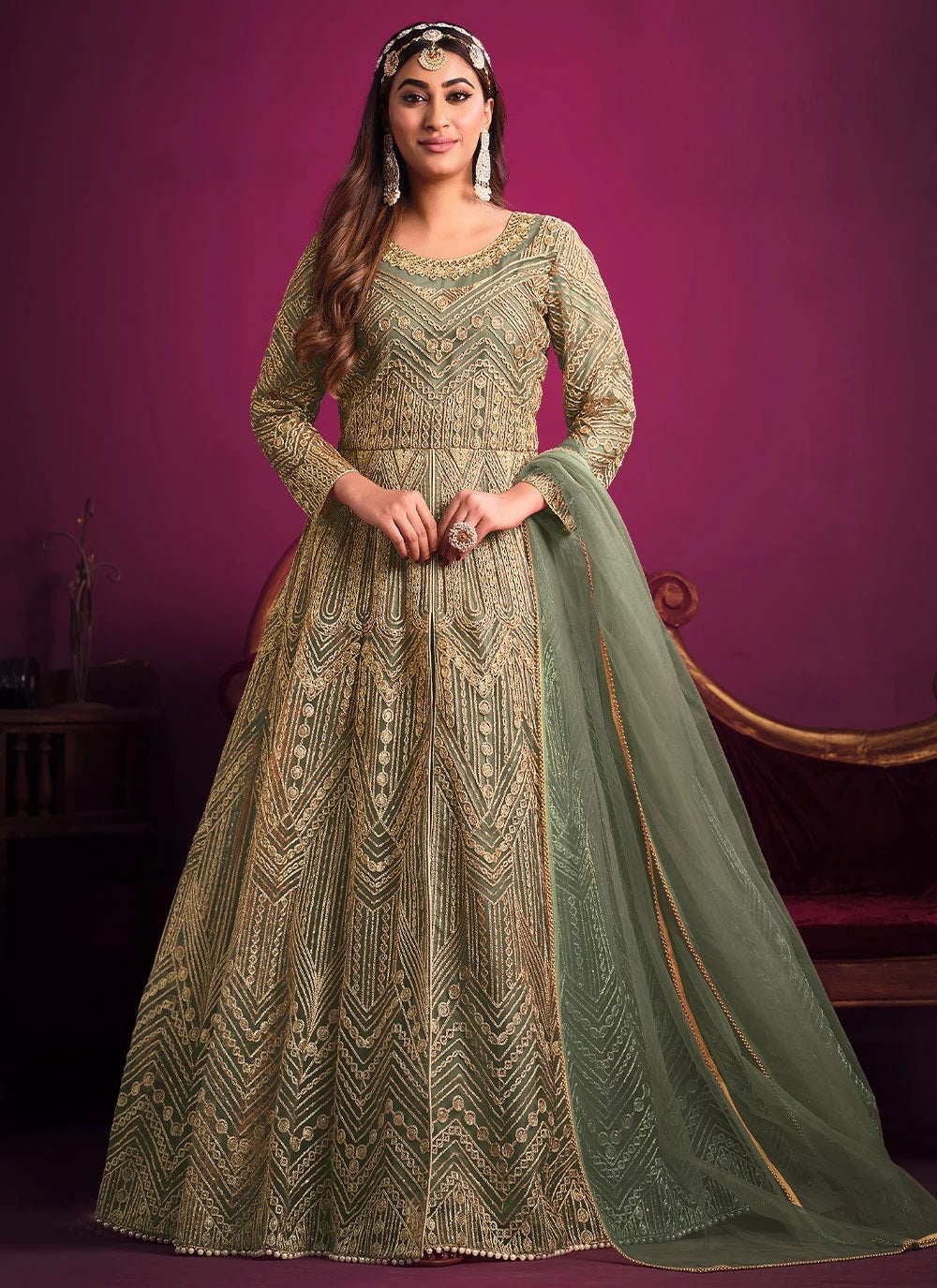 Green net sequins embroidered anarkali suit for women