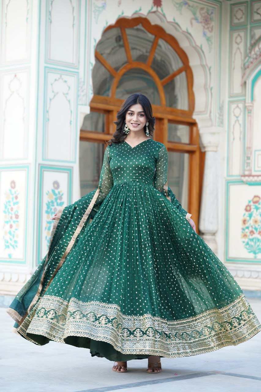 Green Nylon Jacquard Readymade Gown with Dupatta Set - Embroidery & Zari Sequin Work