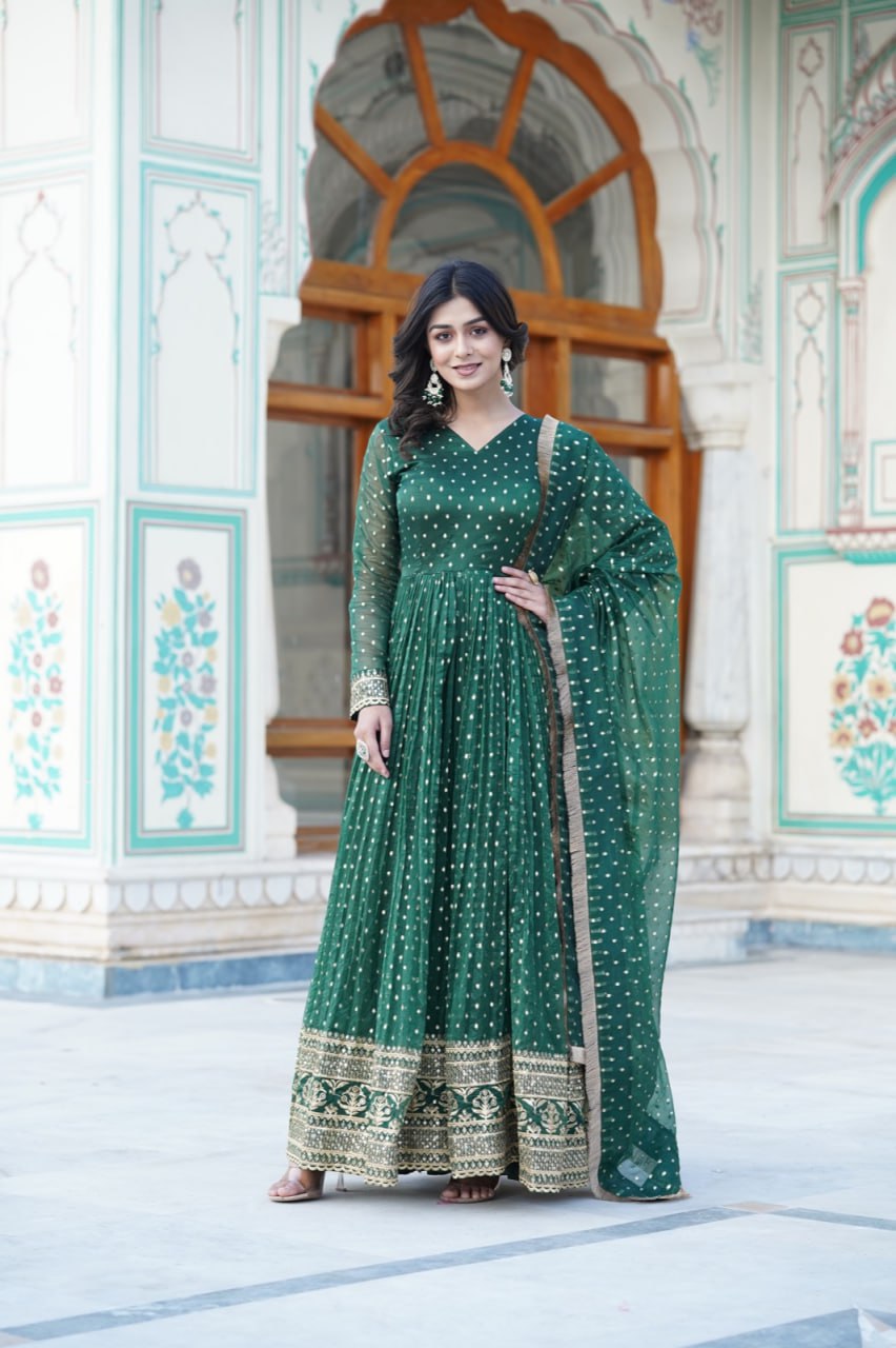 Green Nylon Jacquard Readymade Gown with Dupatta Set - Embroidery & Zari Sequin Work