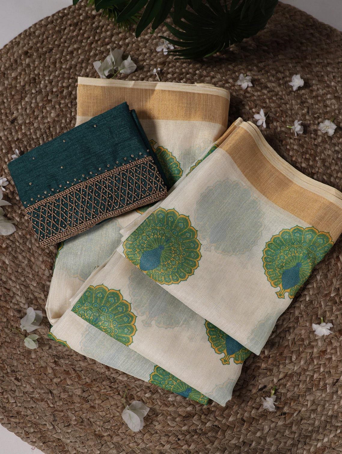 Green Onam Printed Saree with Banglory Bead Work Blouse