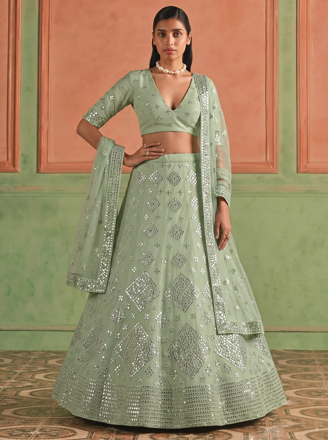 Green Organza Embroidered Foil Mirror Work Lehenga Choli