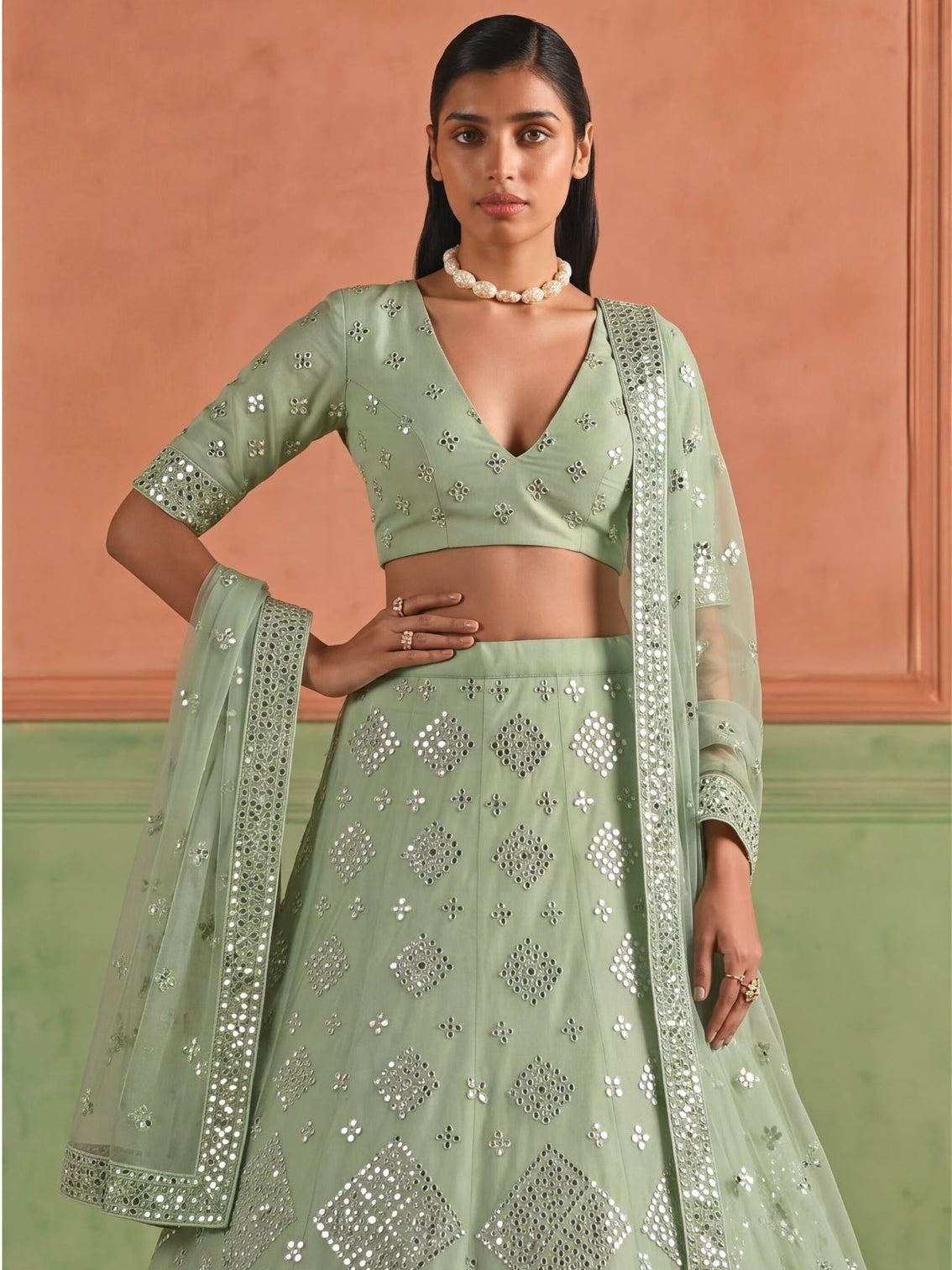 Green Organza Embroidered Foil Mirror Work Lehenga Choli