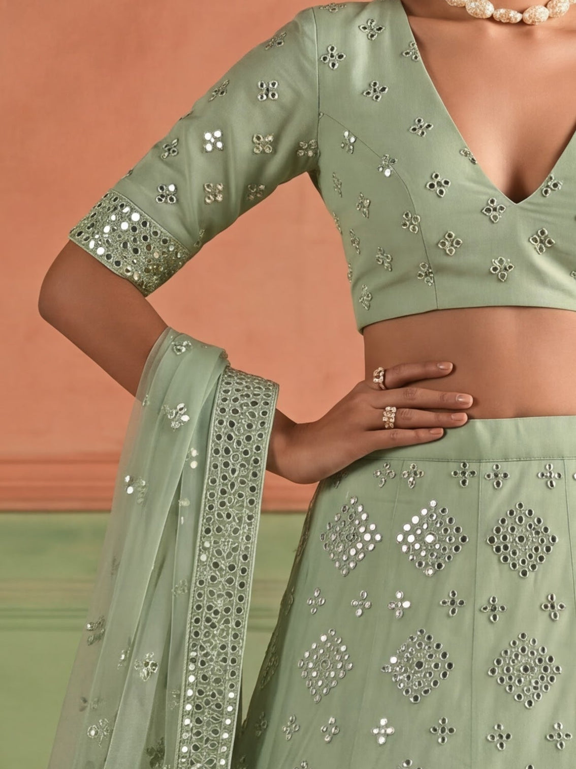 Green Organza Embroidered Foil Mirror Work Lehenga Choli