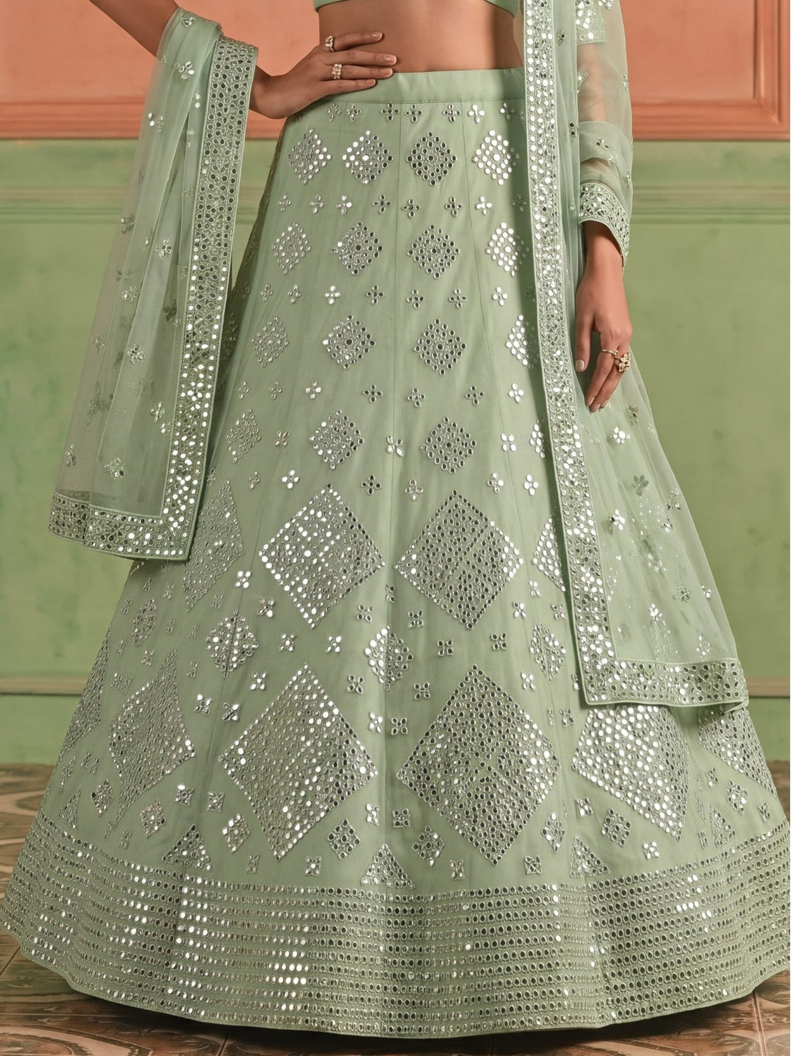 Green Organza Embroidered Foil Mirror Work Lehenga Choli