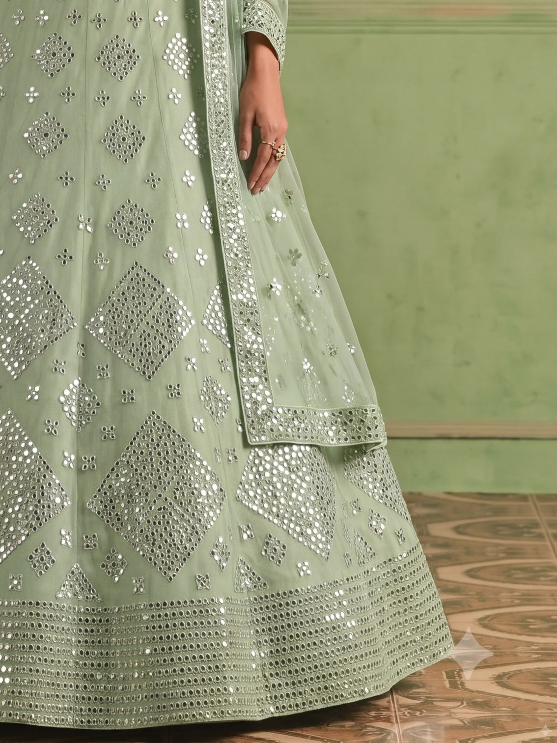 Green Organza Embroidered Foil Mirror Work Lehenga Choli