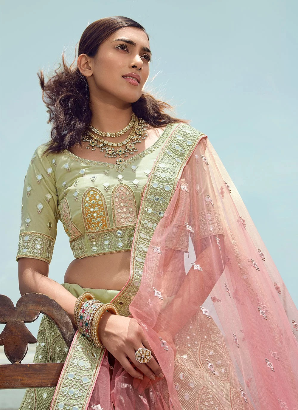 Green organza embroidered indian wedding lehenga