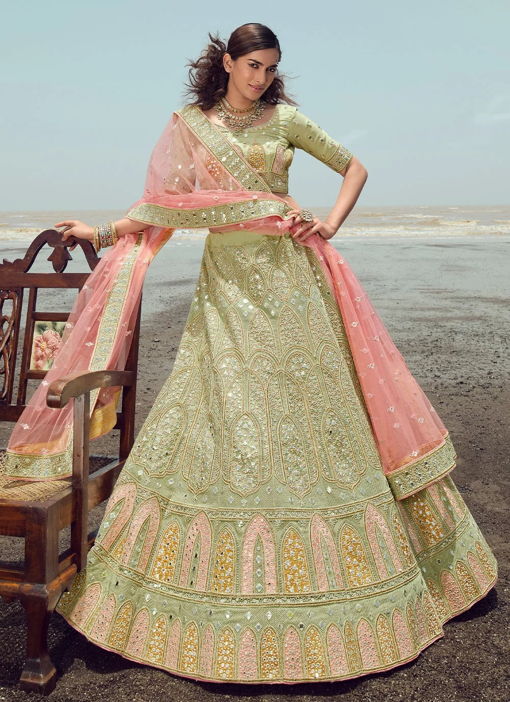 Green organza embroidered indian wedding lehenga