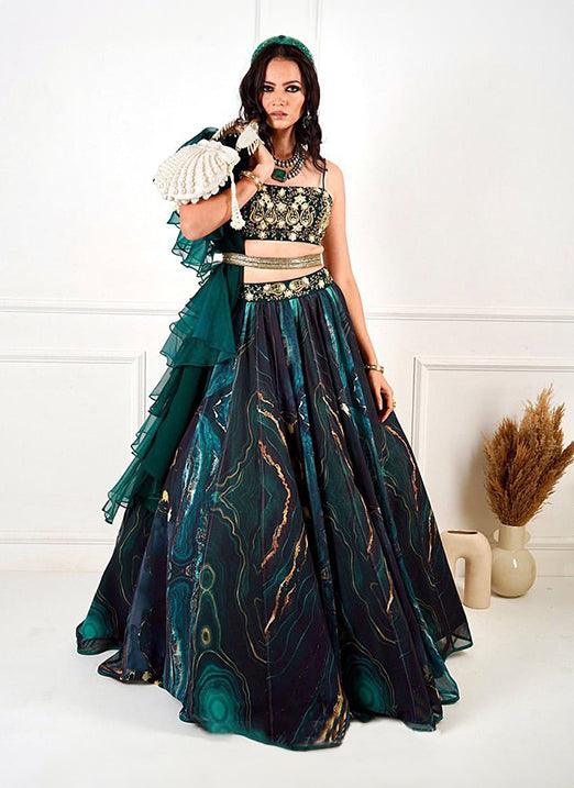 Green Organza Lehenga Choli with Digital Print Dori and Zari Work