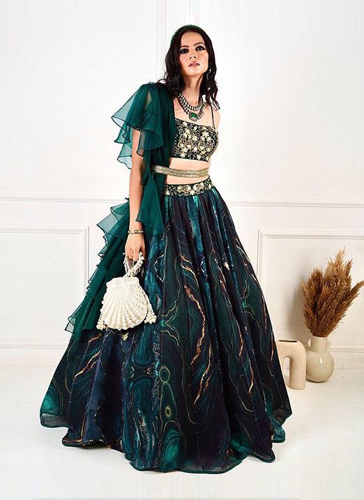 Green Organza Lehenga Choli with Digital Print Dori and Zari Work