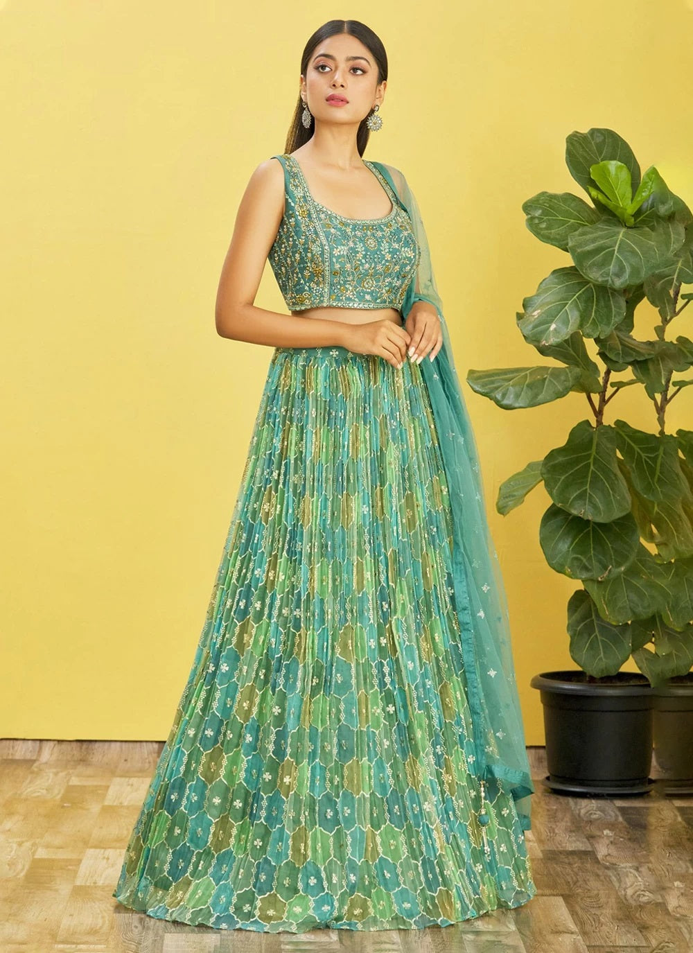 Green organza mirror and sequins work party wear lehenga