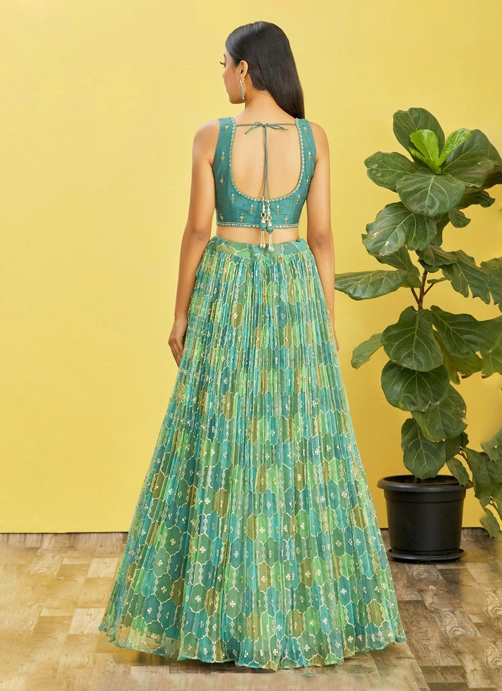 Green organza mirror and sequins work party wear lehenga