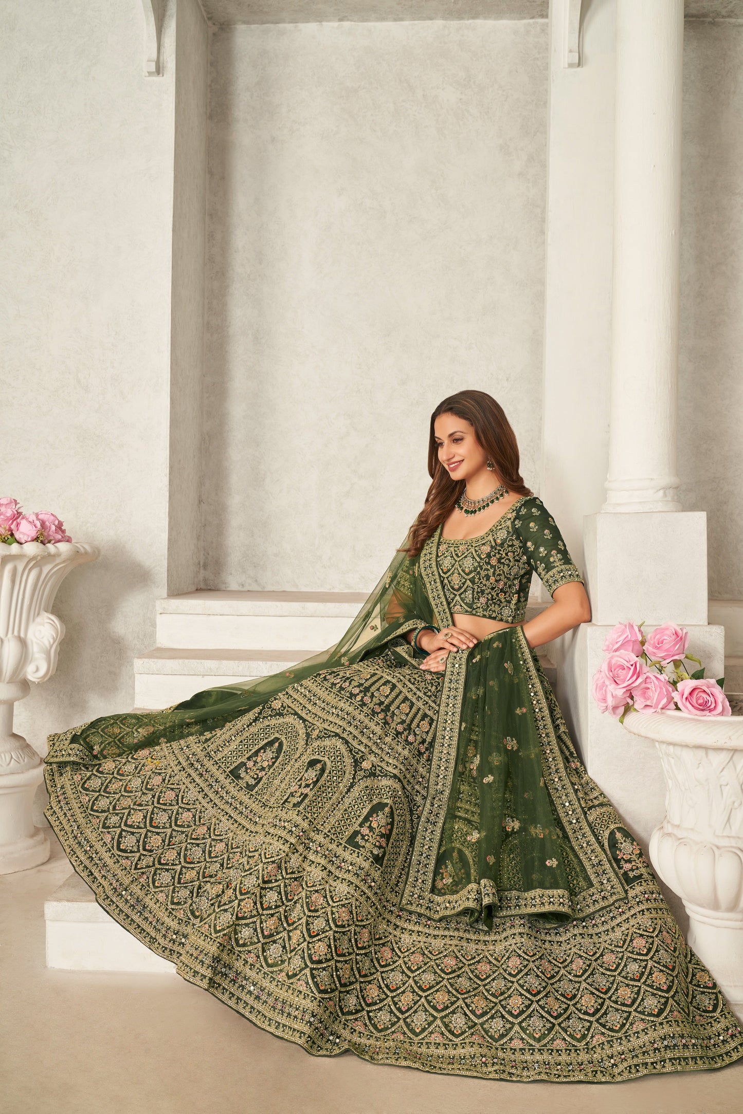 Green Organza Net Lehenga Choli Set - Embroidered Bridal Wear