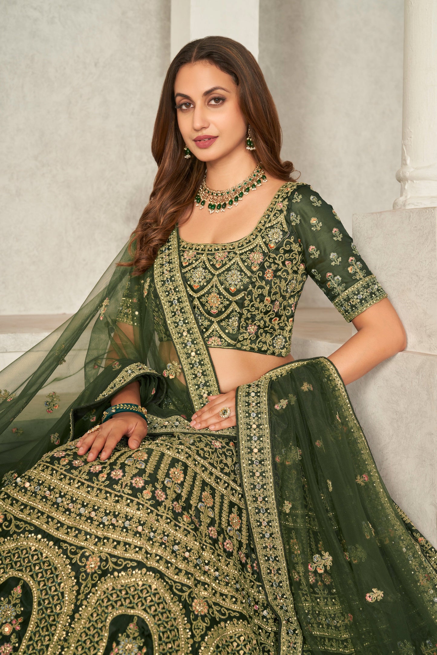 Green Organza Net Lehenga Choli Set - Embroidered Bridal Wear