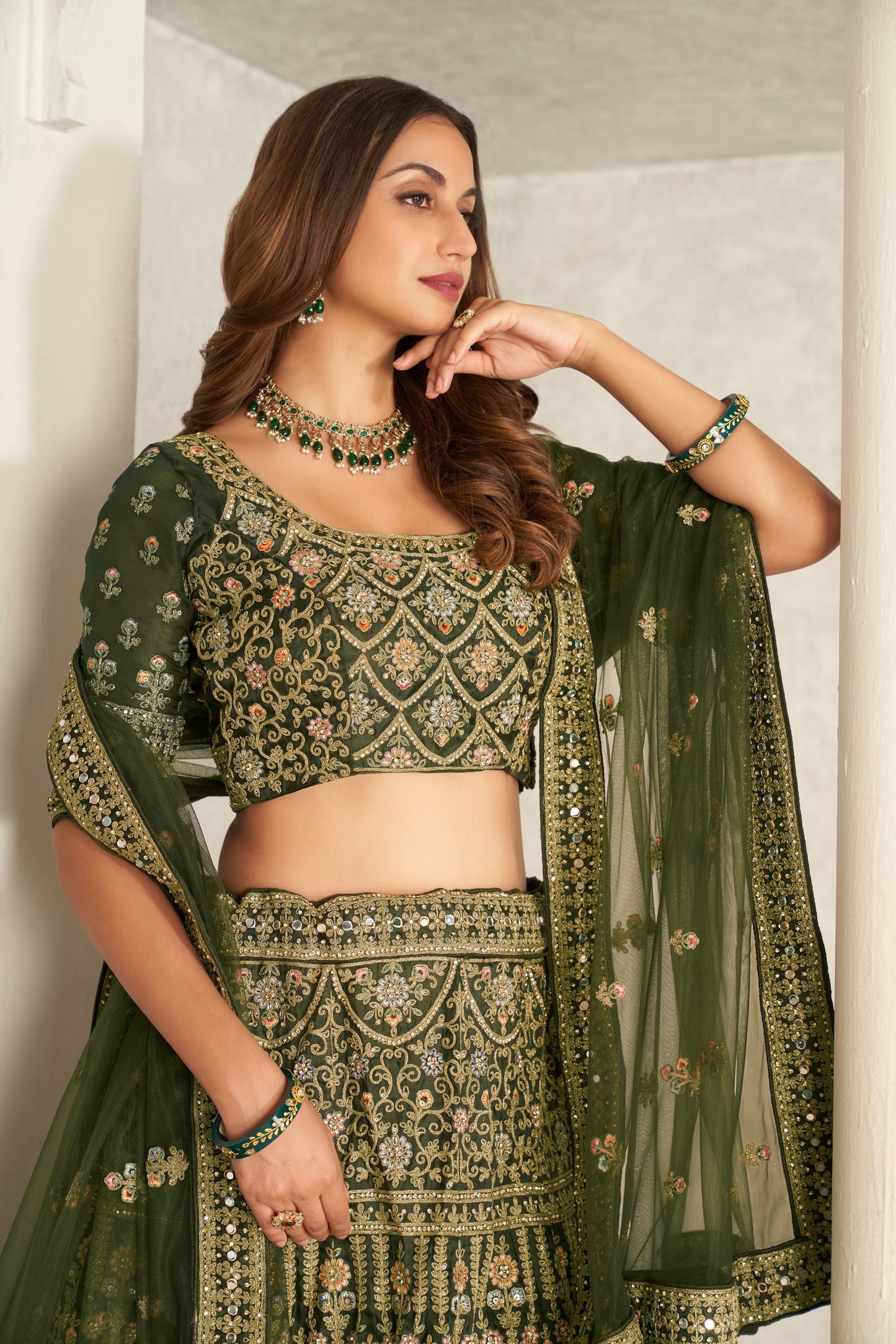 Green Organza Net Lehenga Choli Set - Embroidered Bridal Wear