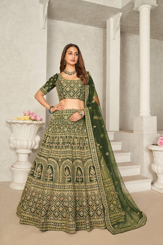 Green Organza Net Lehenga Choli Set - Embroidered Bridal Wear