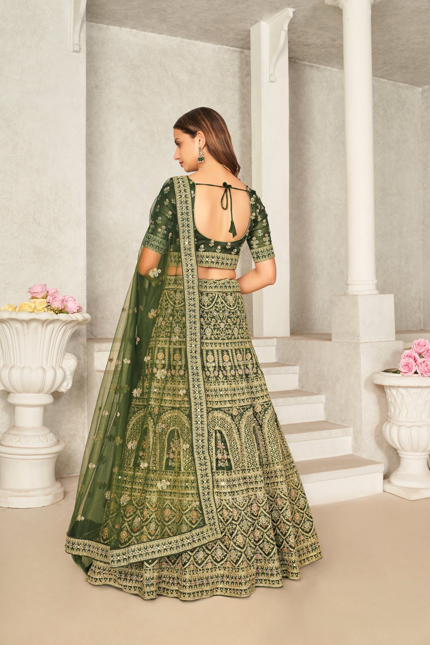 Green Organza Net Lehenga Choli Set - Embroidered Bridal Wear