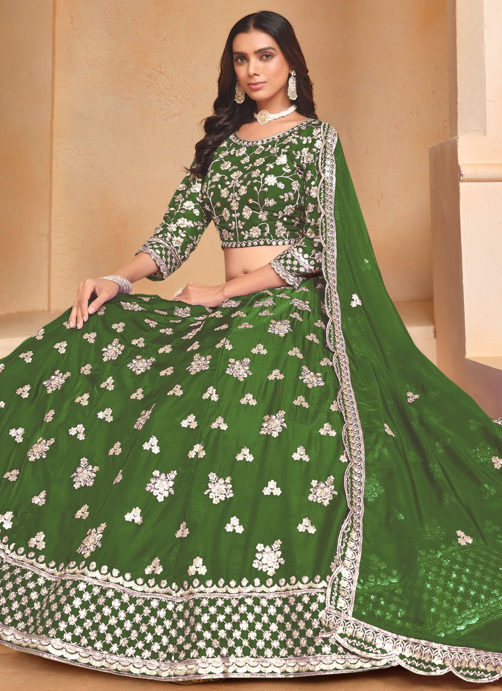 Green organza party wear lehenga with embroidered dupatta for women