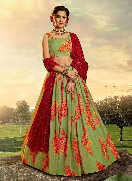 Green Organza printed Lehenga Choli with red dupatta