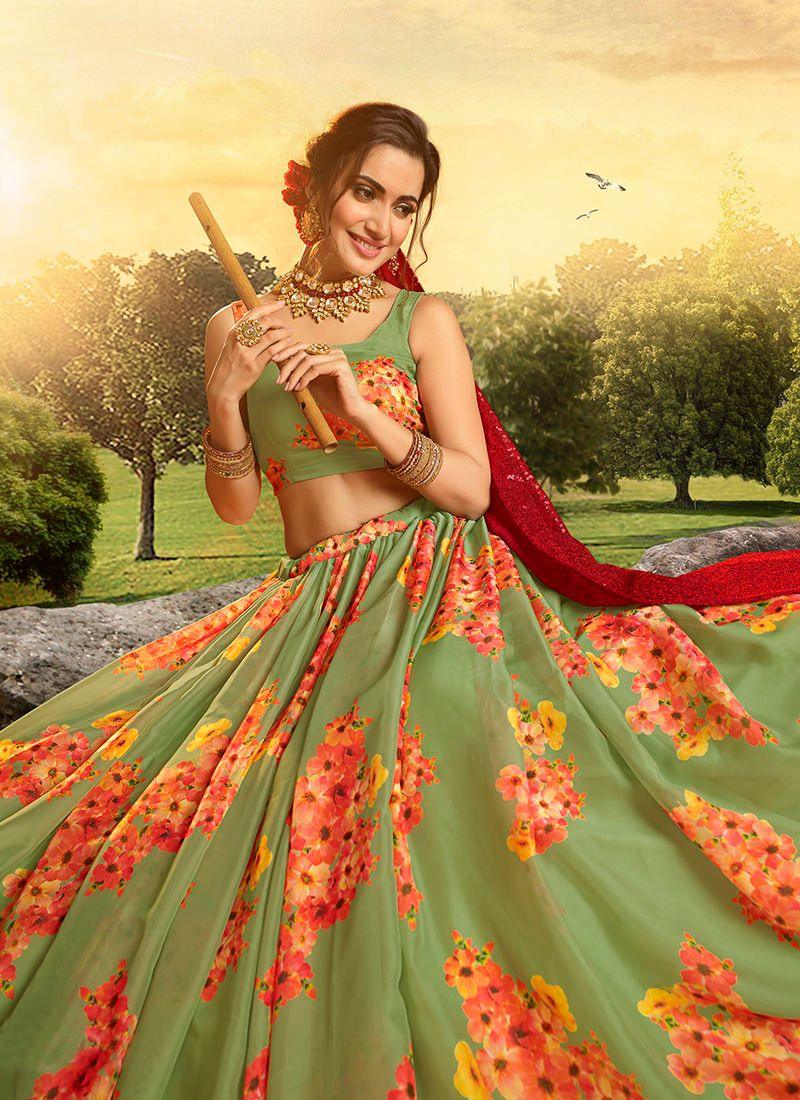 Green Organza printed Lehenga Choli with red dupatta