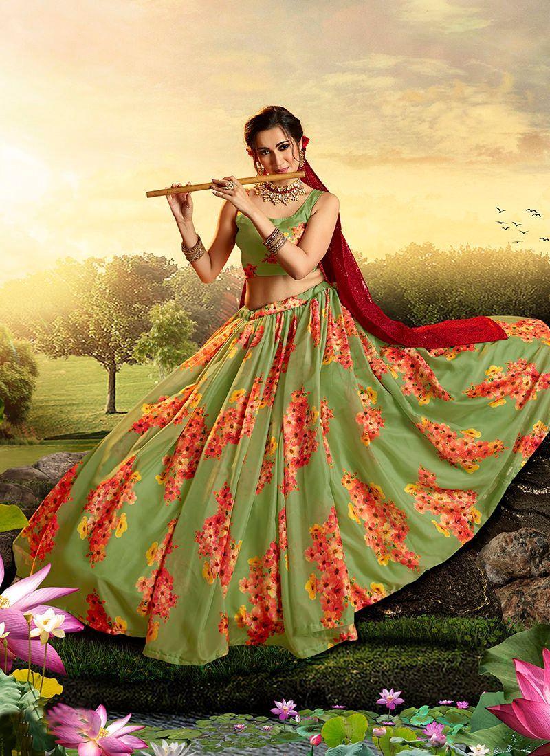 Green Organza printed Lehenga Choli with red dupatta