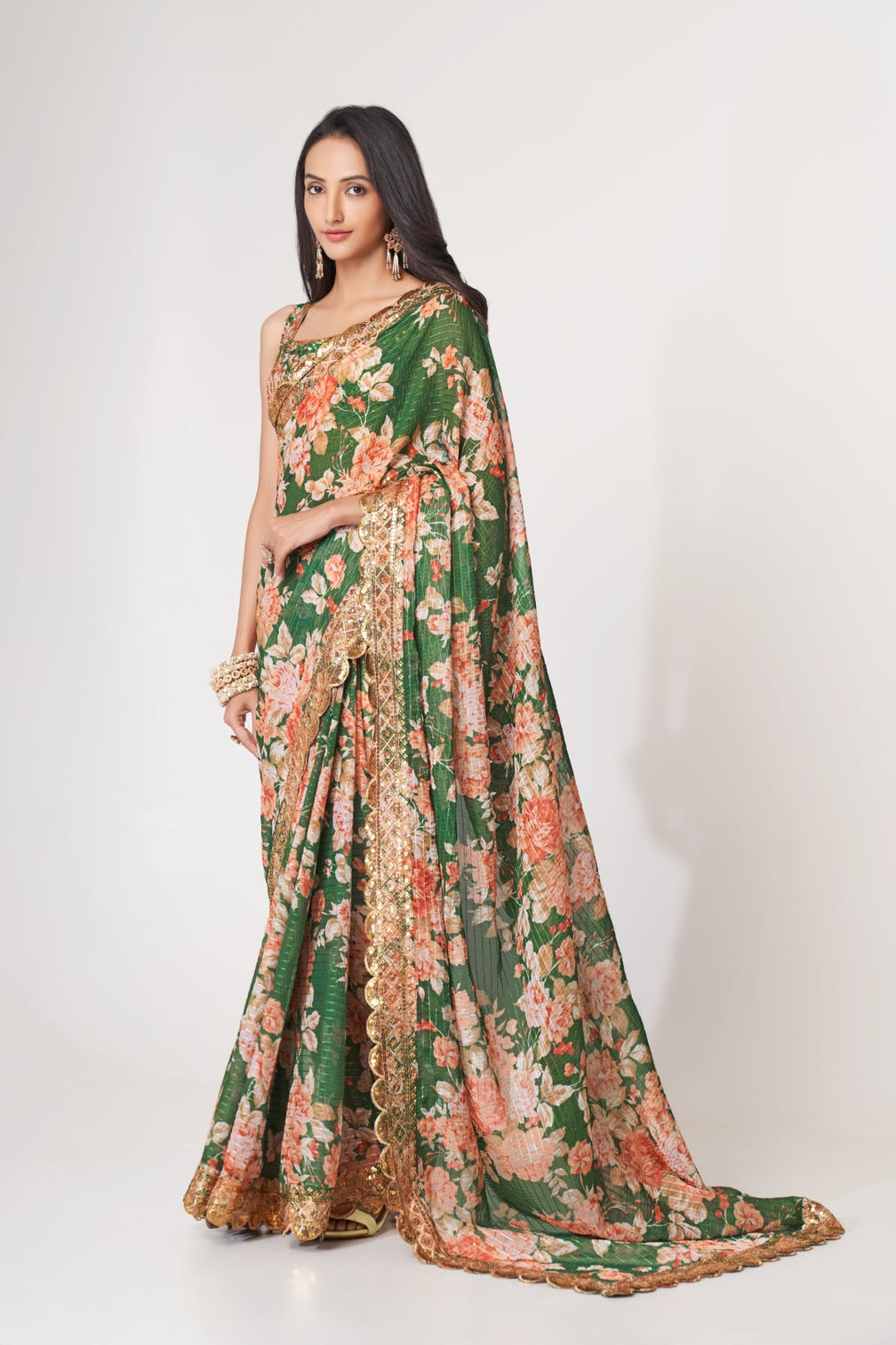 Green Organza Saree with Sequin Embroidery and Digital Print