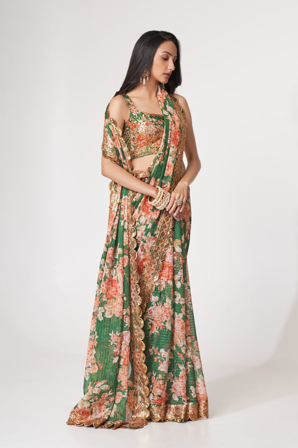 Green Organza Saree with Sequin Embroidery and Digital Print