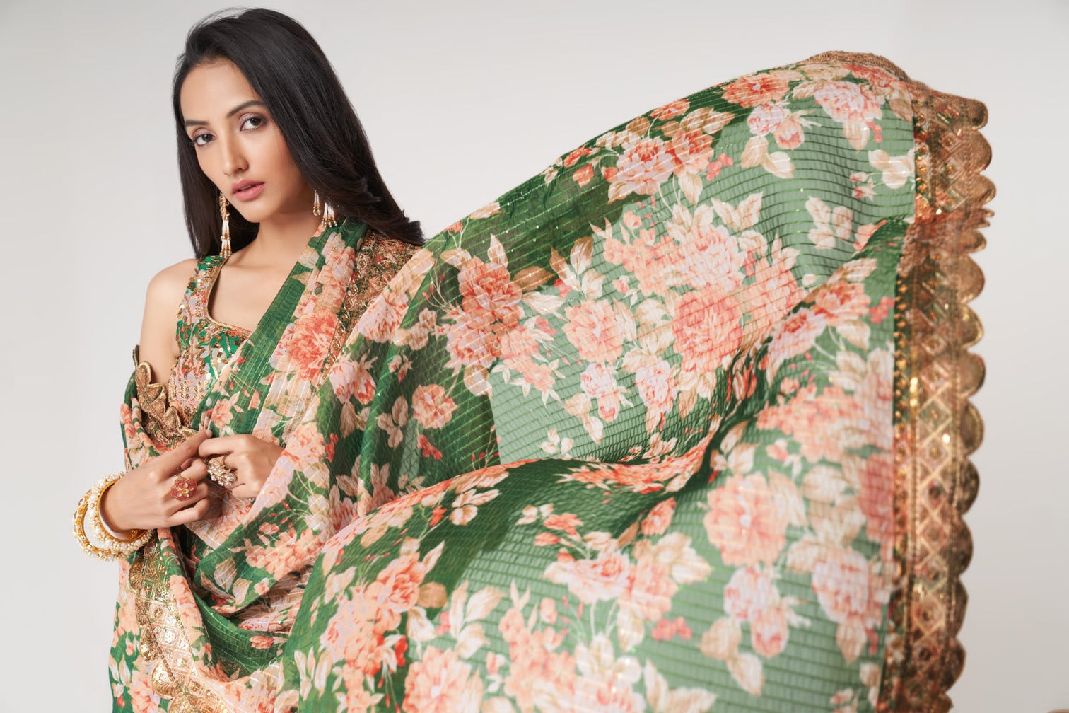 Green Organza Saree with Sequin Embroidery and Digital Print