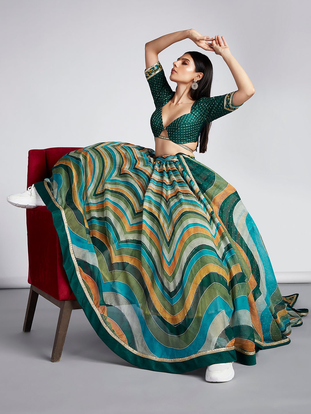 Green Organza siroski stone work Leheriya print Semi-Stitched Lehenga choli & Dupatta