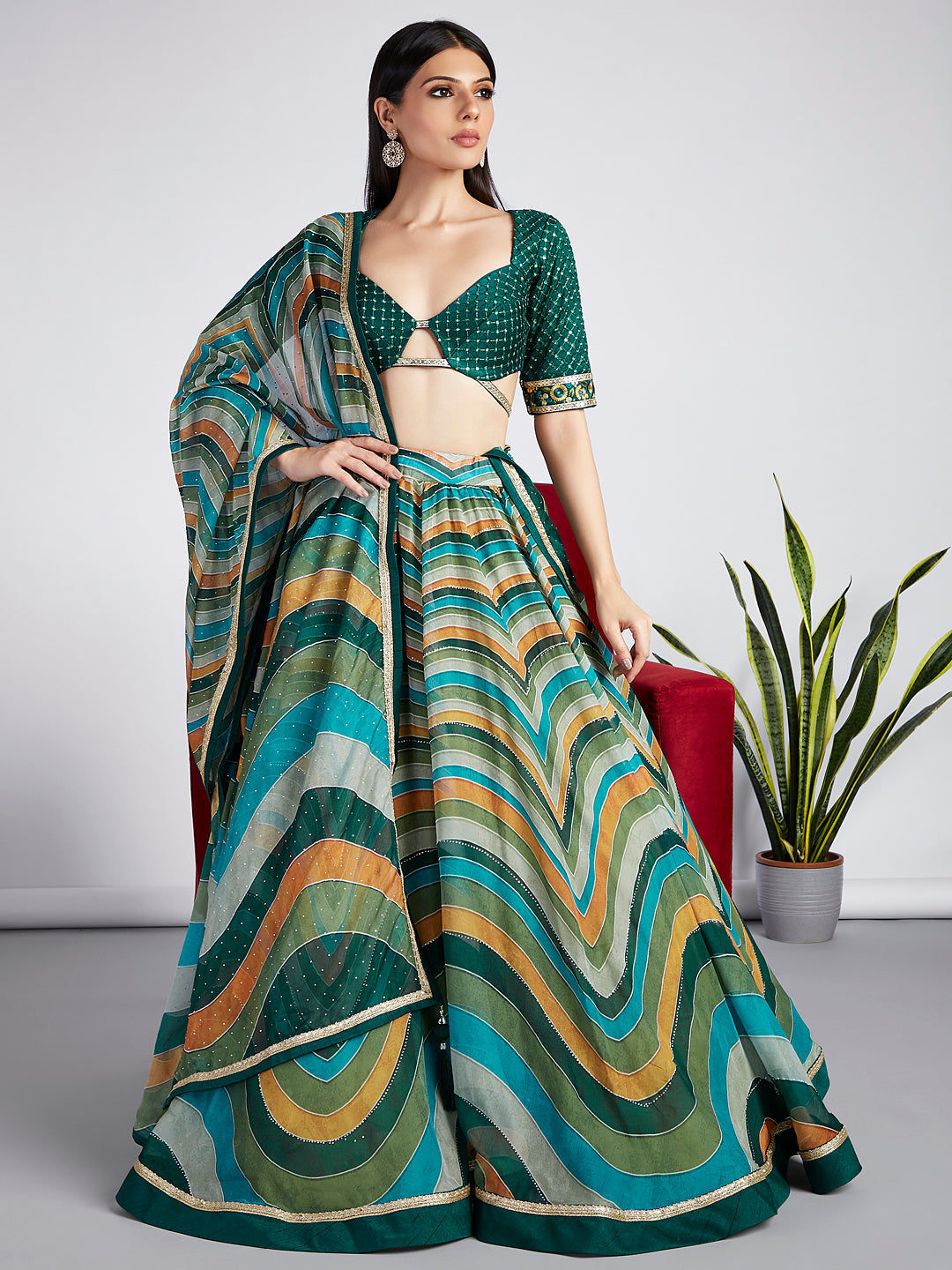 Green Organza siroski stone work Leheriya print Semi-Stitched Lehenga choli & Dupatta