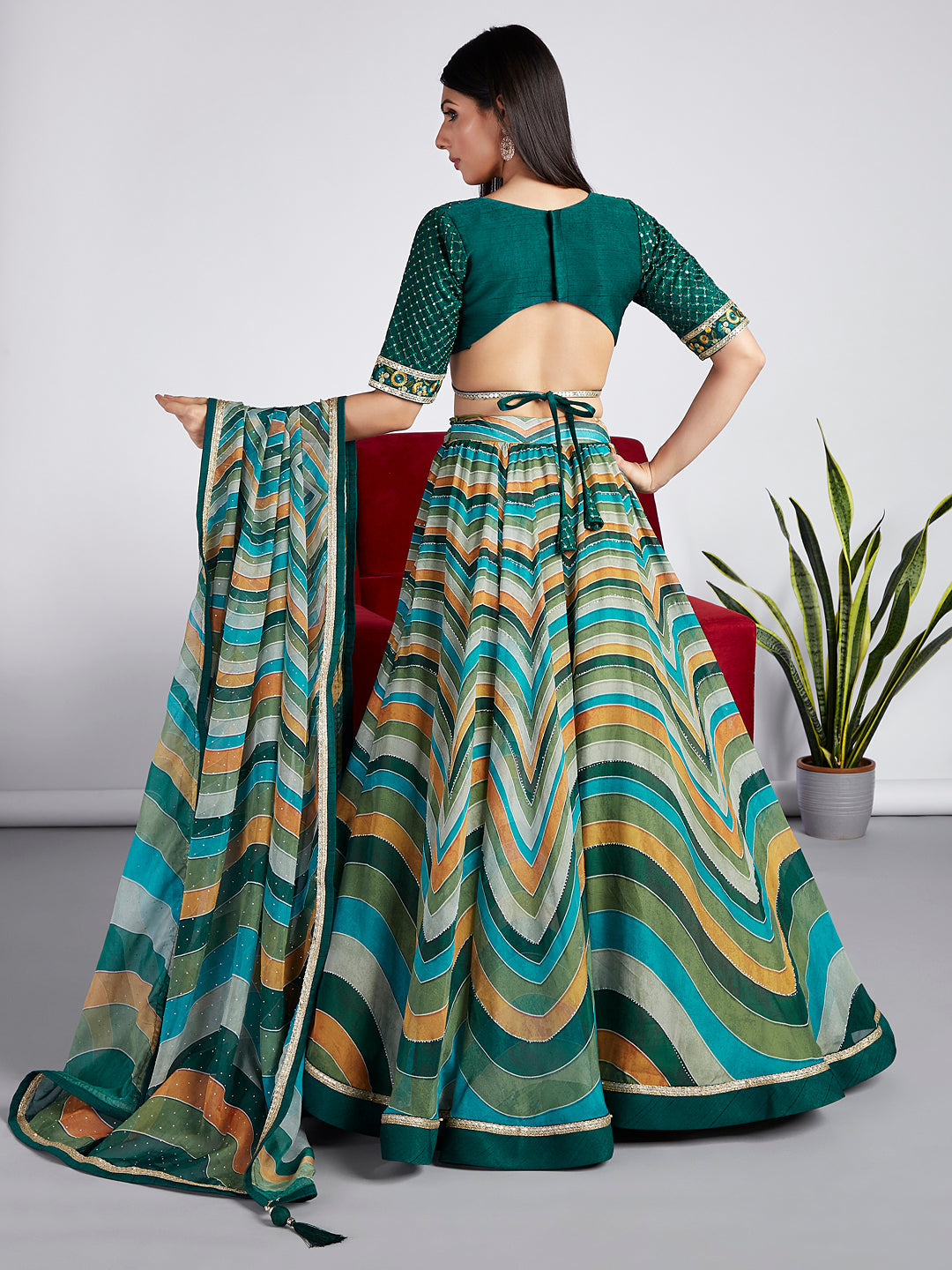 Green Organza siroski stone work Leheriya print Semi-Stitched Lehenga choli & Dupatta
