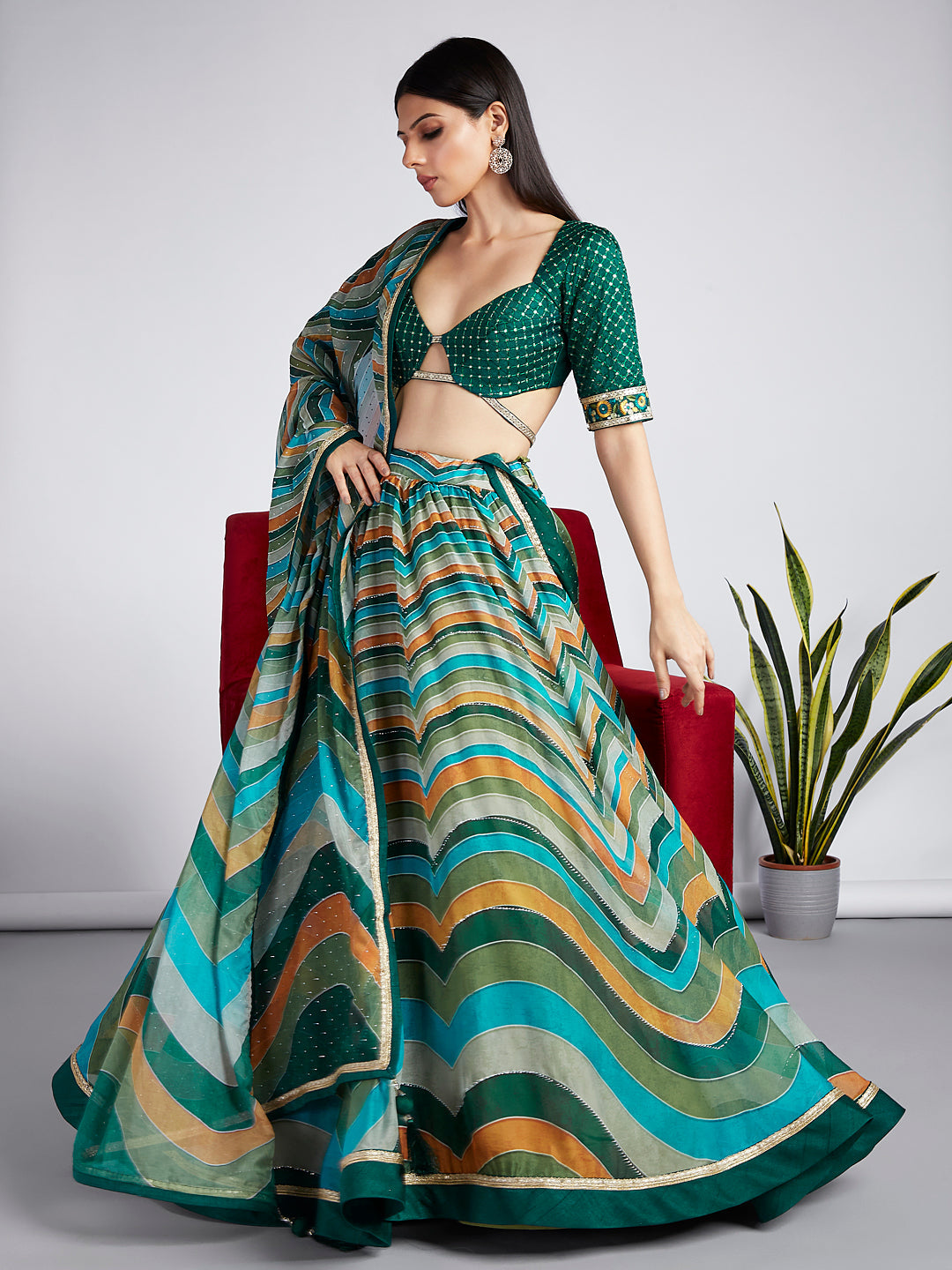 Green Organza siroski stone work Leheriya print Semi-Stitched Lehenga choli & Dupatta