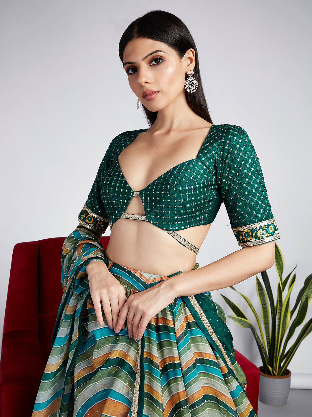 Green Organza siroski stone work Leheriya print Semi-Stitched Lehenga choli & Dupatta