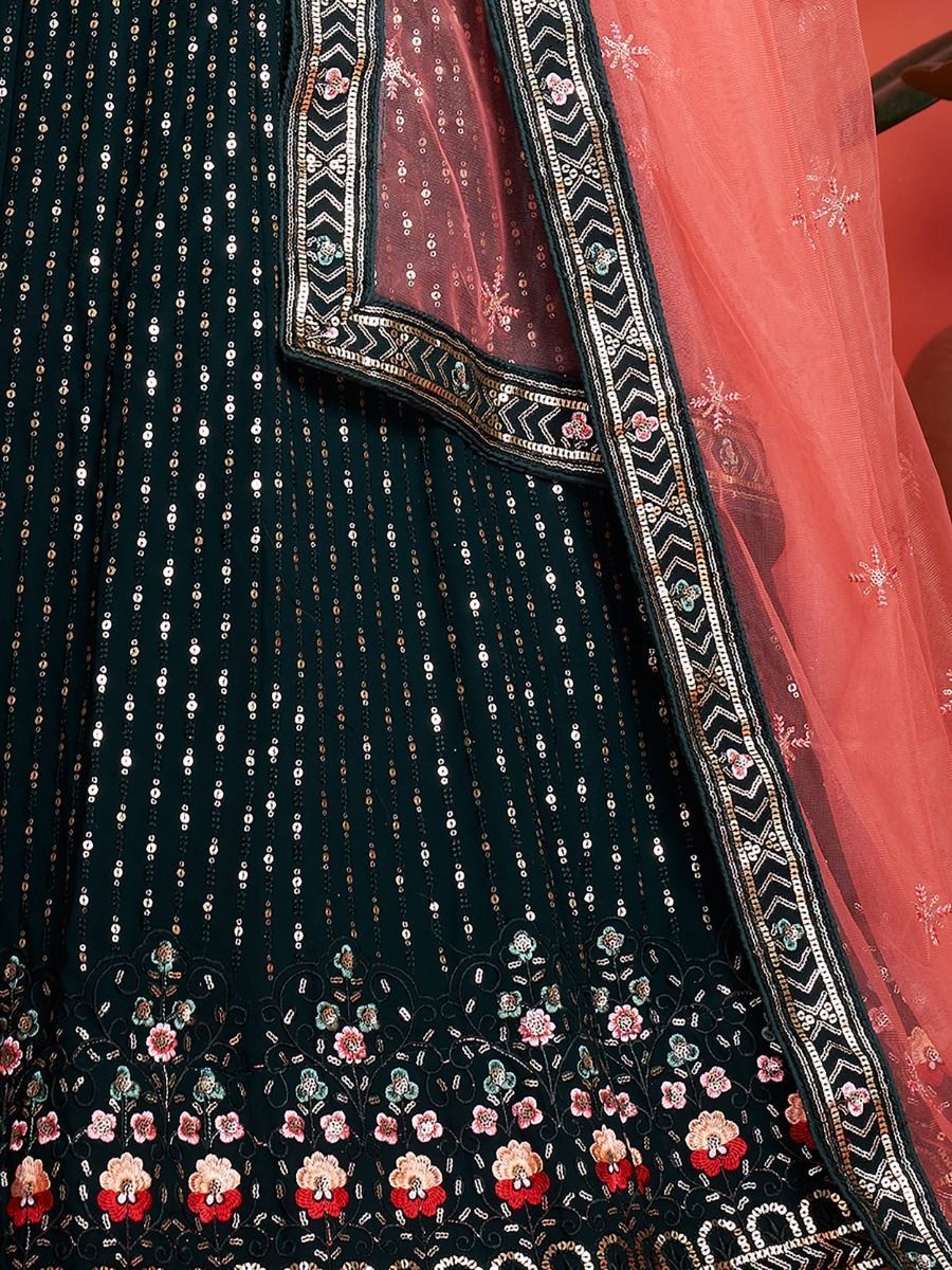 Green Pakistani Georgette Lehenga Choli For Indian Festivals & Weddings - Sequence Embroidery Work, Thread Embroidery Work,