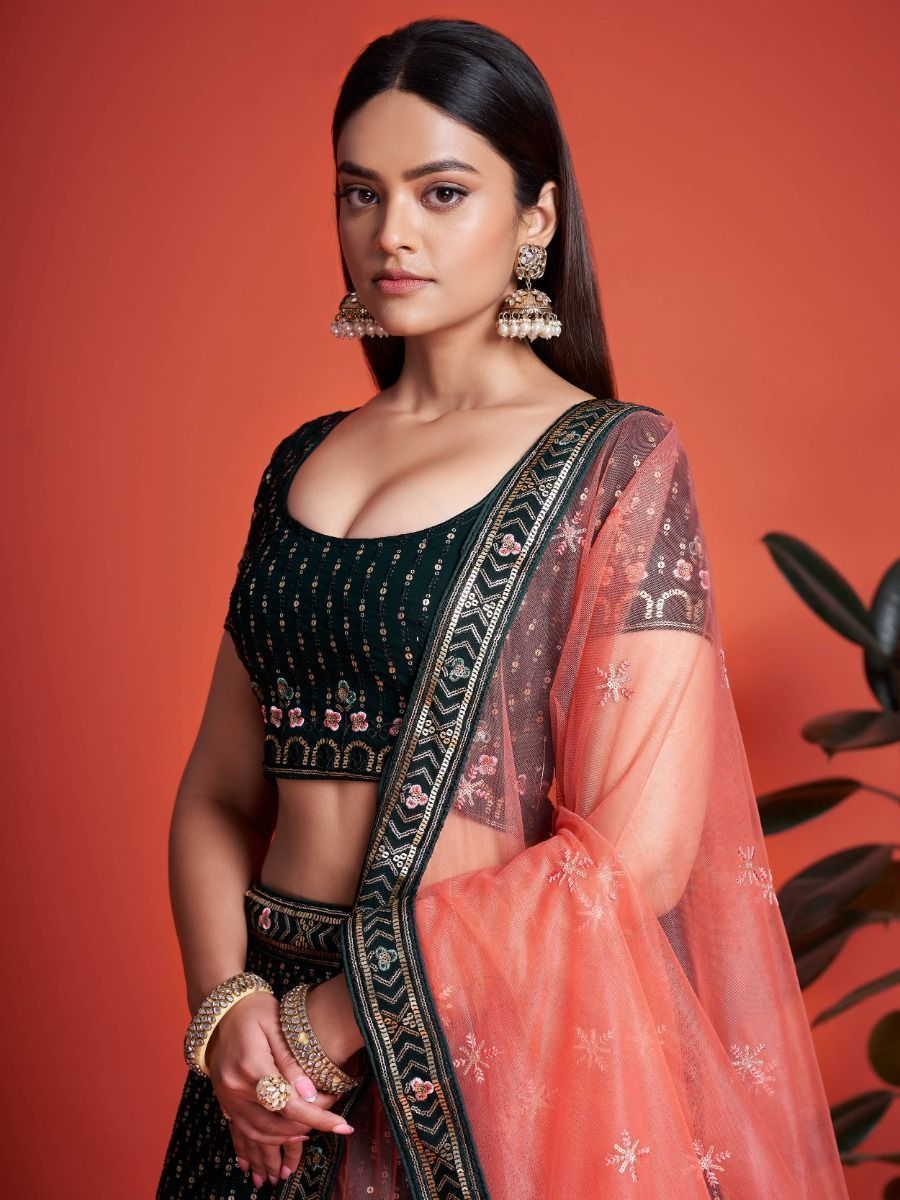 Green Pakistani Georgette Lehenga Choli For Indian Festivals & Weddings - Sequence Embroidery Work, Thread Embroidery Work,