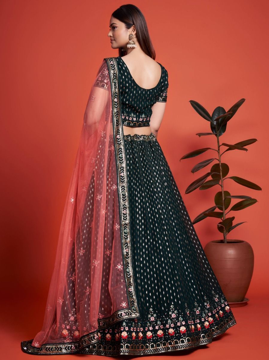 Green Pakistani Georgette Lehenga Choli For Indian Festivals & Weddings - Sequence Embroidery Work, Thread Embroidery Work,