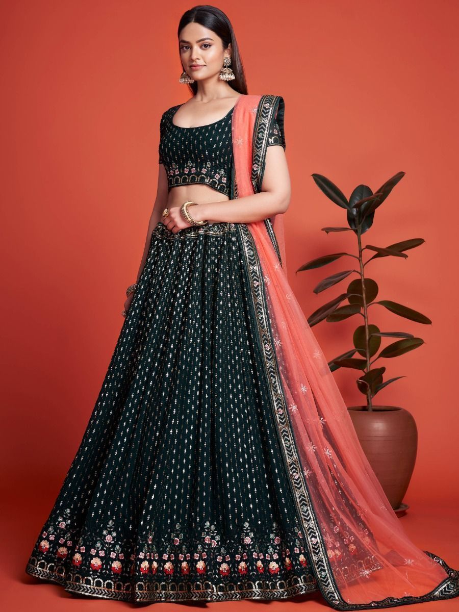 Green Pakistani Georgette Lehenga Choli For Indian Festivals & Weddings - Sequence Embroidery Work, Thread Embroidery Work,