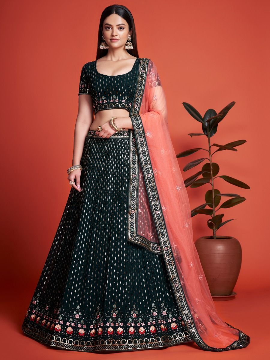Green Pakistani Georgette Lehenga Choli For Indian Festivals & Weddings - Sequence Embroidery Work, Thread Embroidery Work,