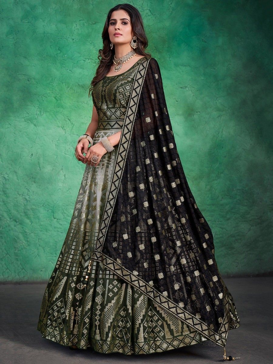 Green Pakistani Georgette Long Anarkali Gown For Indian Festivals & Weddings - Sequence Embroidery Work